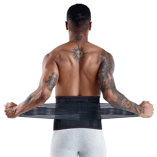 Man wearing a Lumbar Back Support Belt, showcasing its double-adjust design for lower back pain relief.