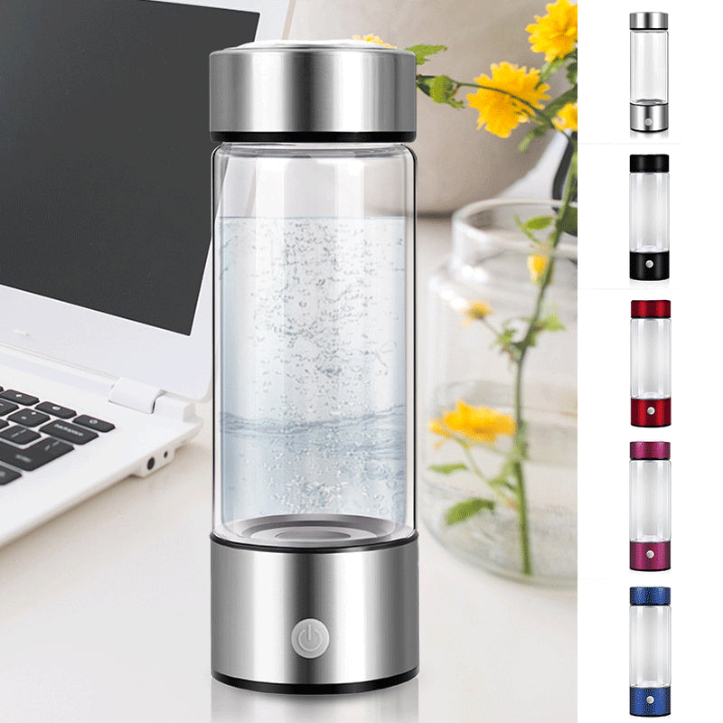 Rechargeable hydrogen water bottle with borosilicate glass design