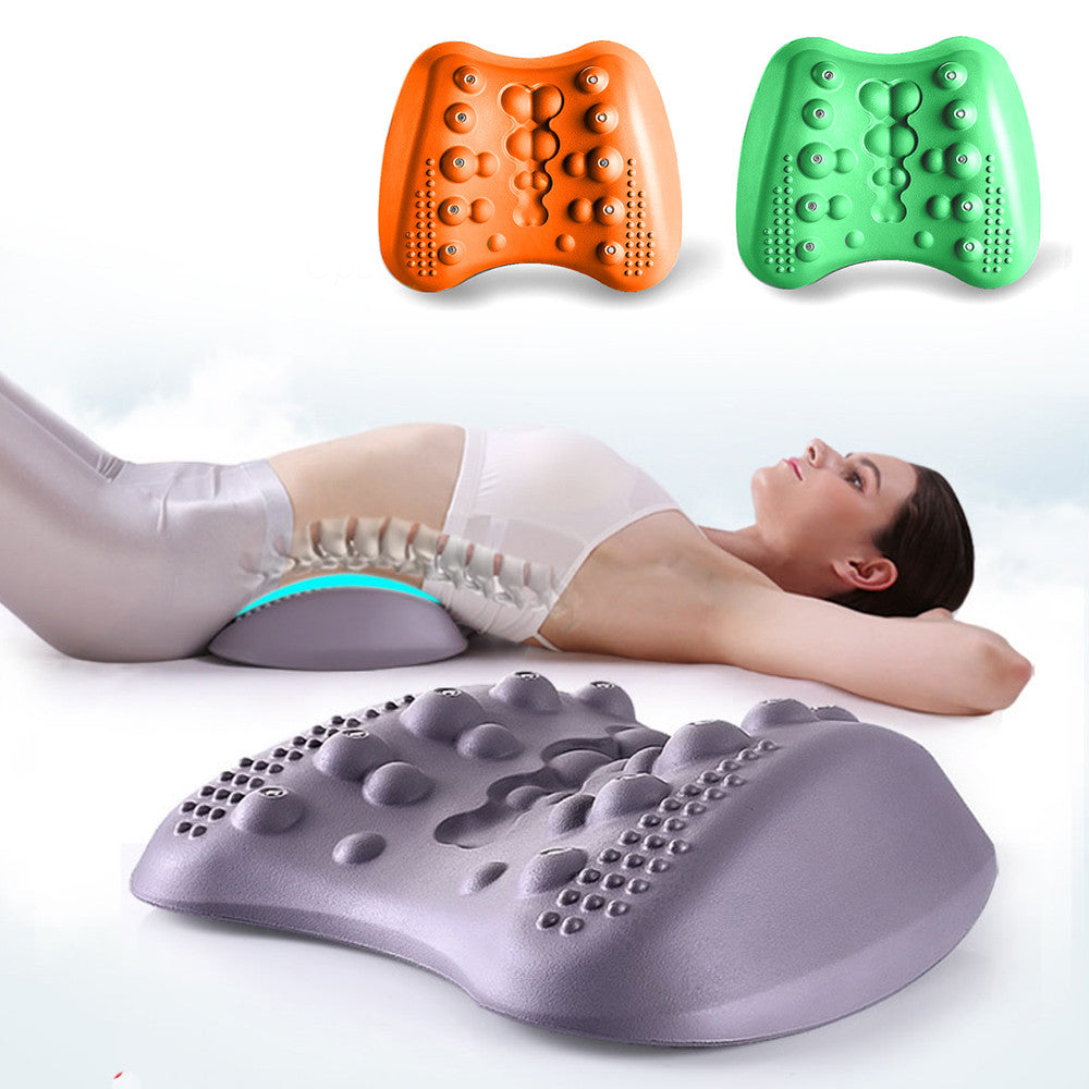 Woman using lumbar back stretcher for lower back pain relief, side view showing spinal alignment