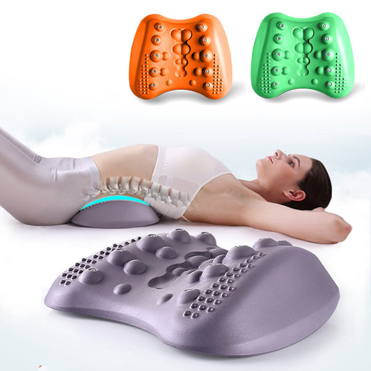 Woman using lumbar back stretcher for lower back pain relief, side view showing spinal alignment