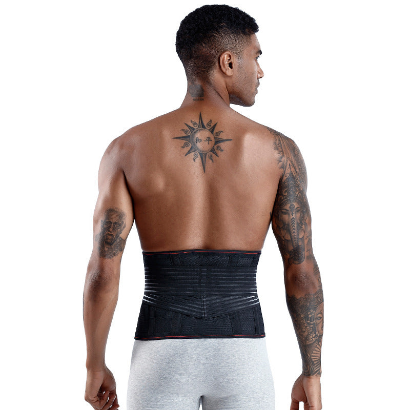 Man wearing a Lumbar Back Support Belt from the back, showing the adjustable compression design for lower back pain relief.