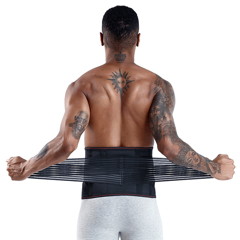 Man wearing a Lumbar Back Support Belt, showcasing its double-adjust design for lower back pain relief.