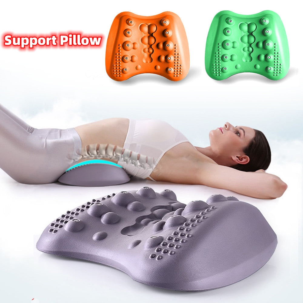 Woman using lumbar back stretcher for lower back pain relief, side view showing spinal alignment