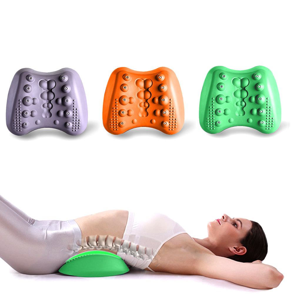 Woman using lumbar back stretcher for lower back pain relief, side view showing spinal alignment