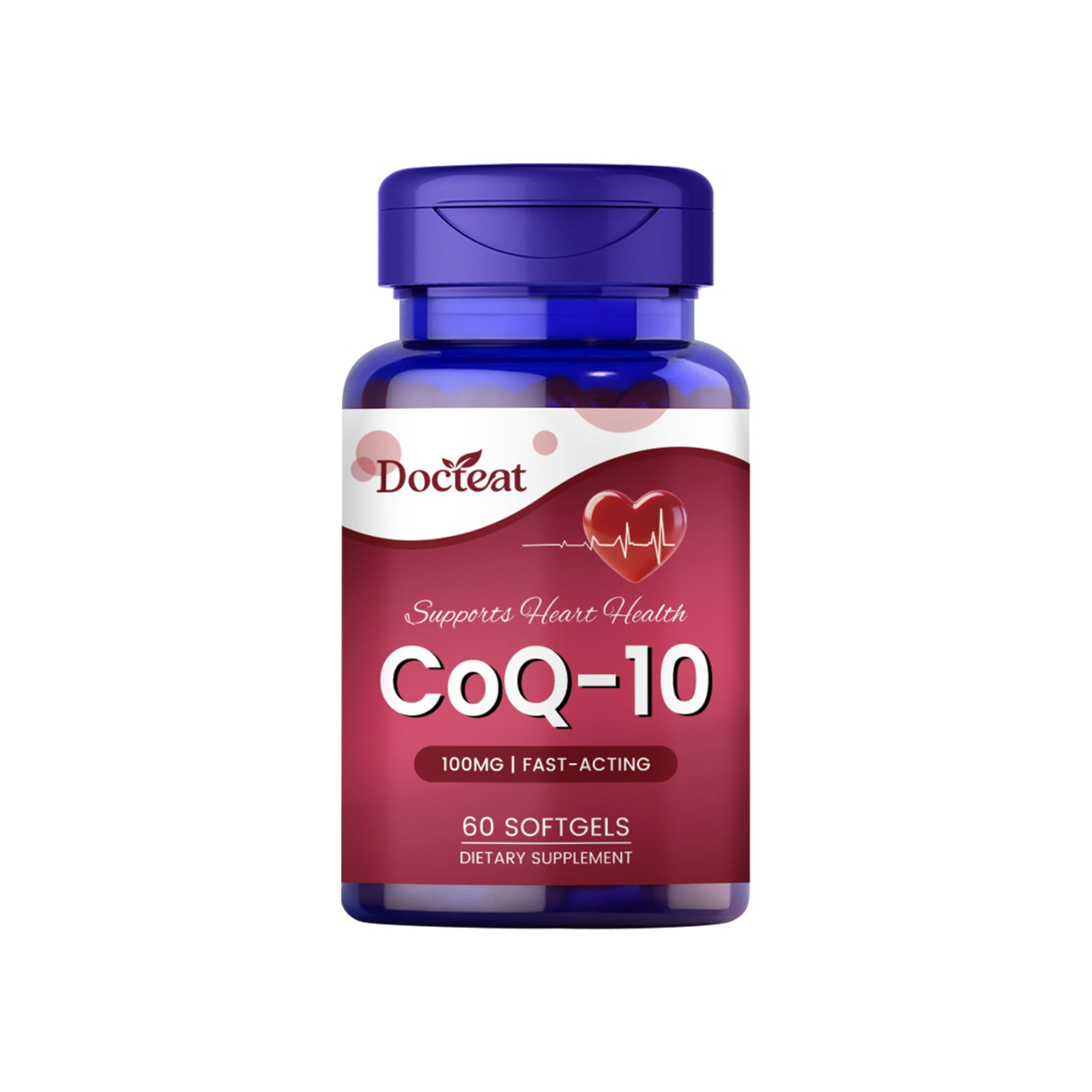 CoQ10 Heart Health Supplement bottle featuring 100mg of CoQ-10 in 60 softgels for cardiovascular support.