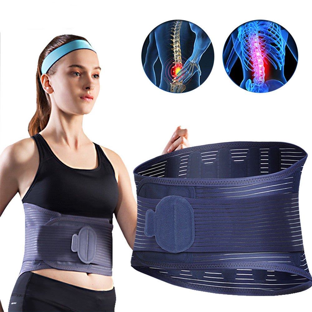 Woman wearing waist support belt for lower back pain relief