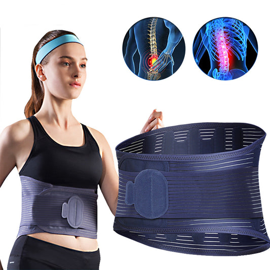 Woman wearing waist support belt for lower back pain relief