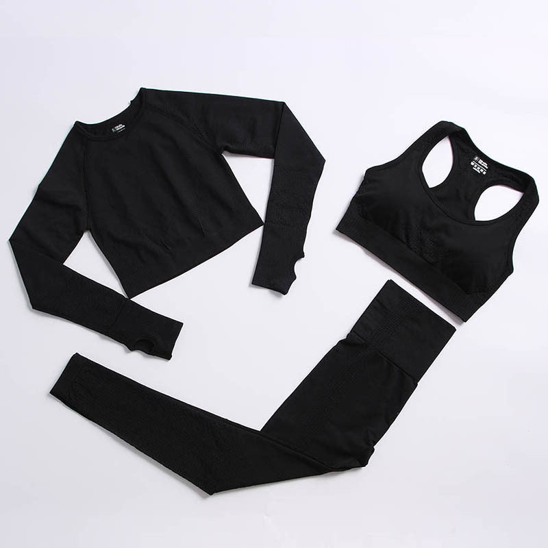 Yoga clothing suit women seamless black long sleeve fitness set