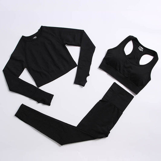 Yoga clothing suit women seamless black long sleeve fitness set