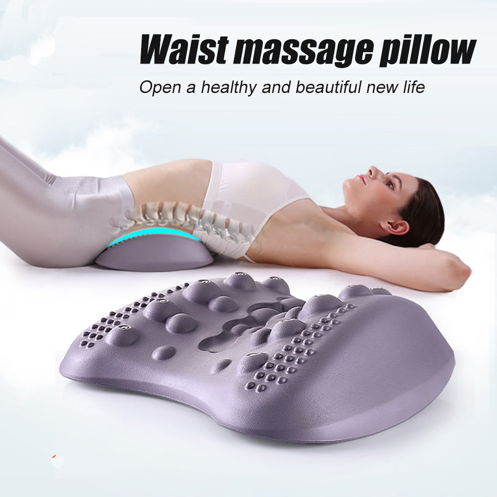 Woman using lumbar back stretcher for lower back pain relief, side view showing spinal alignment
