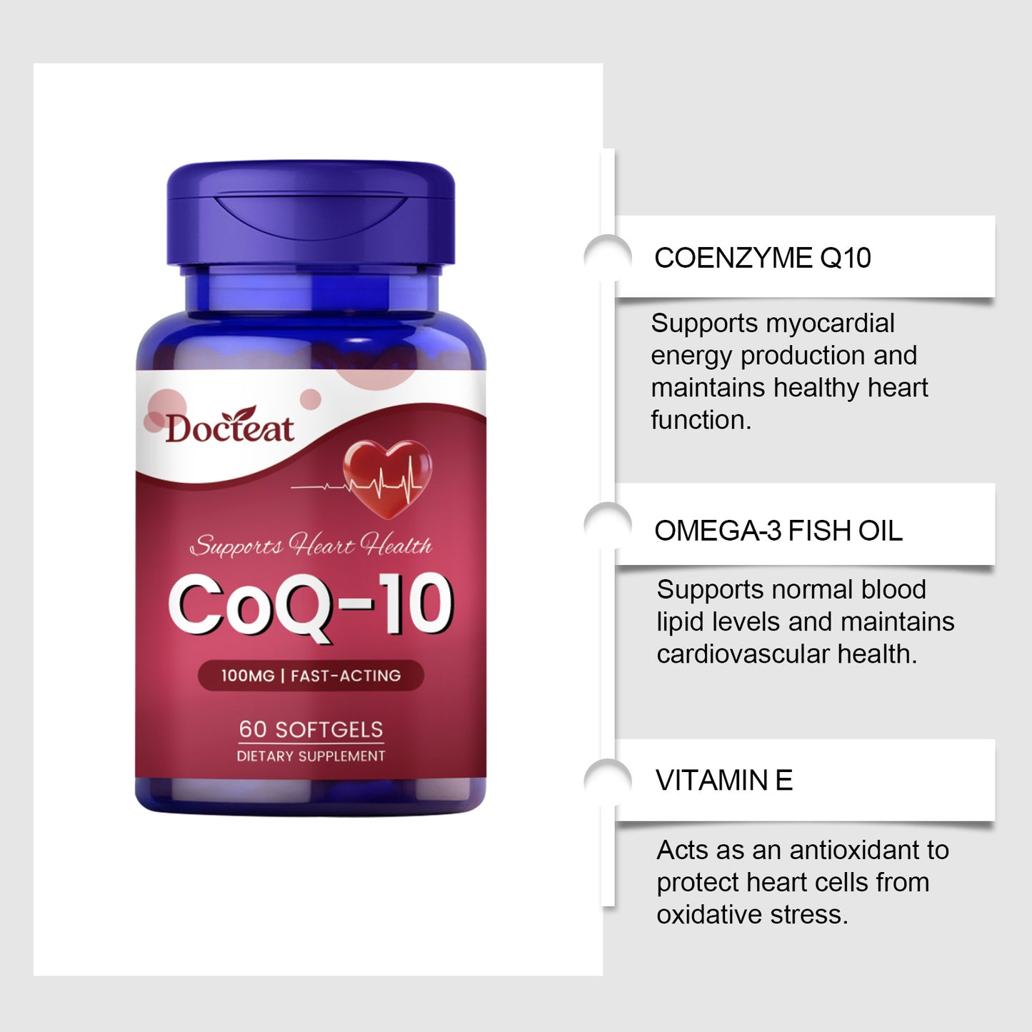 CoQ10 Heart Health Supplement | 60 Softgels for Cardiovascular Support with Coenzyme Q10, Omega-3, and Vitamin E.